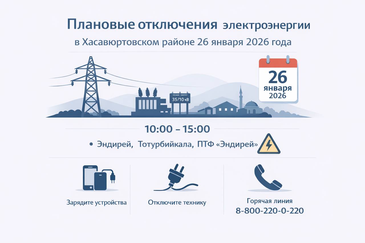 Плановые отключения электроэнергии в Хасавюртовском районе 26 января 2026 года
